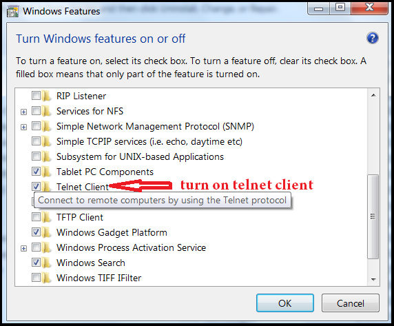turn on telnet client on windows