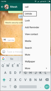 unhide whatsapp chat in android