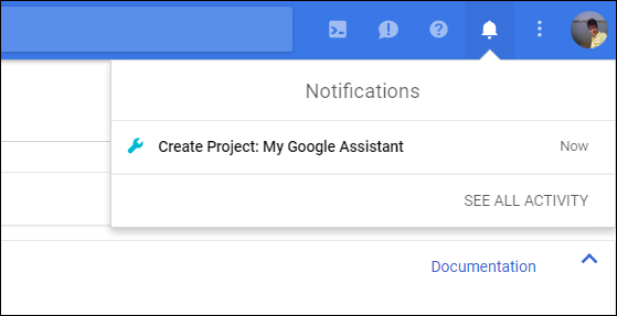 google assistant project creation notification