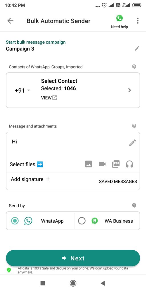enter bulk whatsapp message and attachments