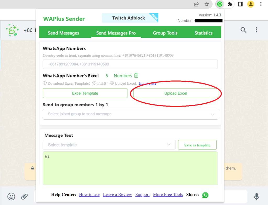 upload excel on waplus sender
